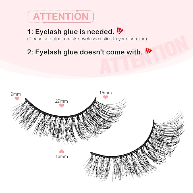 Natural Lashes Spiky False Eyelashes, Wispy Look Invisible Band Flared Eyelashes, False Eye Lashes Soft Fluffy Lashes 8 Pairs Black 9-15MM