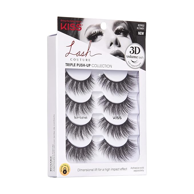 KISS Lash Couture Triple Push-Up False Eyelashes, Bombshell', 14 mm, Includes 4 Pairs Of Lashes, Contact Lens Friendly, Easy to Apply, Reusable Strip Lashes (Pack of 2)