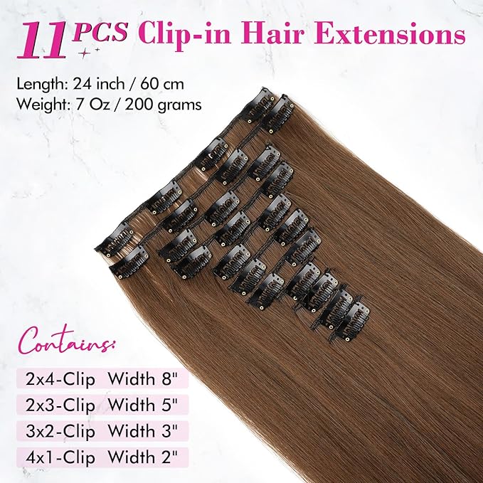 REECHO Hair Extensions, 11PCS Clip in Hair Extensions 24" Long Straight hair extensions HE005 Natural Soft Synthetic Hairpieces for Women – Ginger Brown