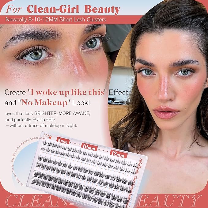 Natural Lash Clusters 8-10-12MM Short Cluster Eyelash Extensions C-curly DIY Lash Extension Eyelash Clusters Ultra Thin Lash Band Individual Lashes for Clean Girl Makeup by Newcally