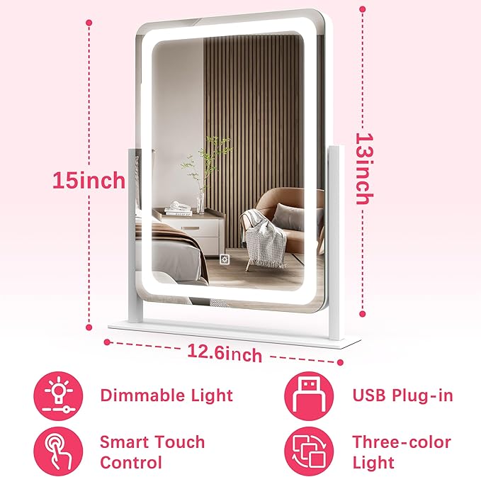 ROLOVE Vanity Mirror with Lights, 12.6"×15" LED Makeup Mirror, Lighted Makeup Mirror with Lights, Smart Touch Control Dimmable 3 Modes Light, Lighted Up Mirror for Makeup Desk, Bedroom, Dressing Room