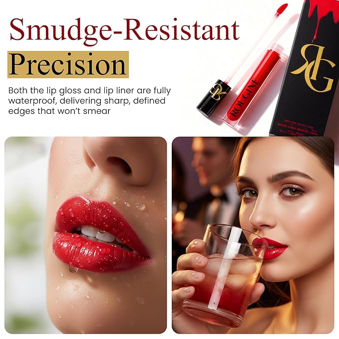 Rougine Liquid Lipstick & Lip Liner Set for Women – Smooth Matte Red Love Shade, Long-Lasting Waterproof Lipstick, Smudge-Resistant Lip Makeup, Soft Glide Liner – Vitamin E & Shea Butter