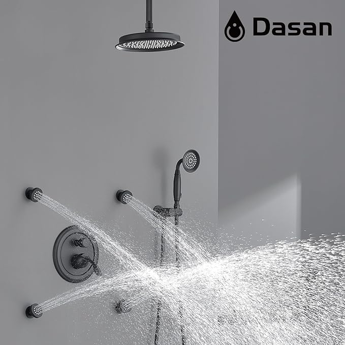 DASAN Antique Shower Faucet Sets Complete Rain Shower System in Wall with Body Shower Spray Jets, Matte Black Shower Fixtures with Rainfall Overhead Shower, Handheld, Shower Valve &Trim, AT249C-MB