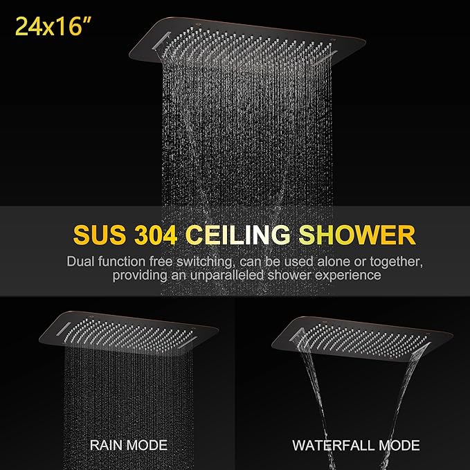 AYIVG Oil Rubbed Bronze Thermostatic Rainfall Full Body Shower System With 2 In 1 Waterfall Rainfall Ceiling Mount 16 X 24 Inch Rain Shower Head 6 Jets Temperature Display Shower Faucet Set