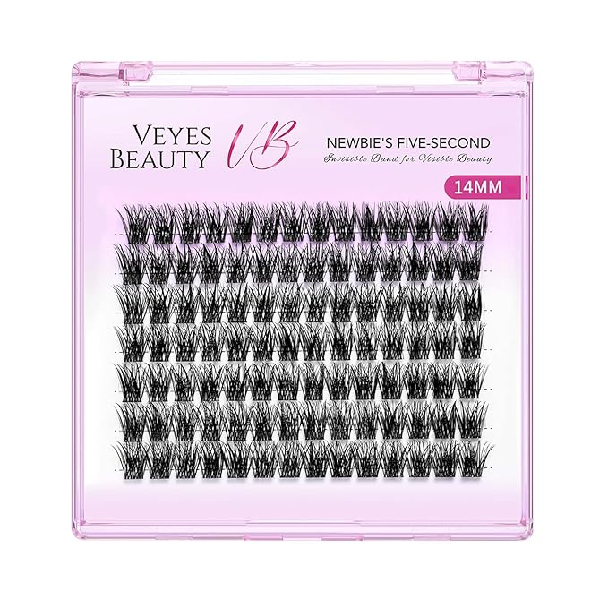 VEYESBEAUTY Lash Clusters Individual Eyelash Extensions Thin & Invisible Band DIY False Eyelashes for Self-application Newbie's Five-Second Series Wispy Lash Tray, Dreamy 14mm Single Length