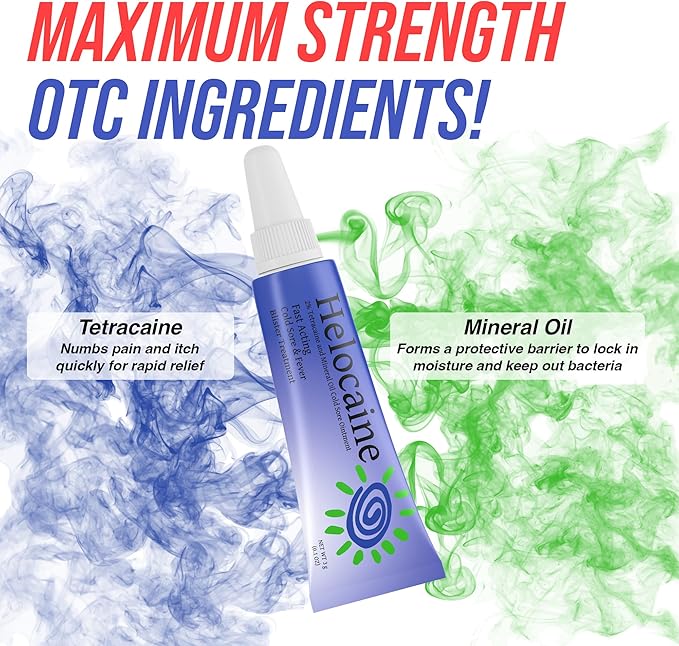 Helocaine Fast Acting Cold Sore Canker Sore Treatment for Lips & Inside Mouth, Oral and Topical Rapid Pain Relief Over-The-Counter, 3g, 0.1 oz Tube, 1 Pack