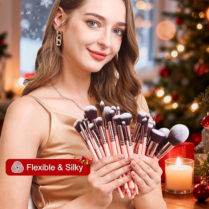 Bueart Design Labeled 30Pcs Professional Deluxe Makeup Brushes set with Extra large holder case for Foundation Face Blending Blush Concealers Eyeshadow