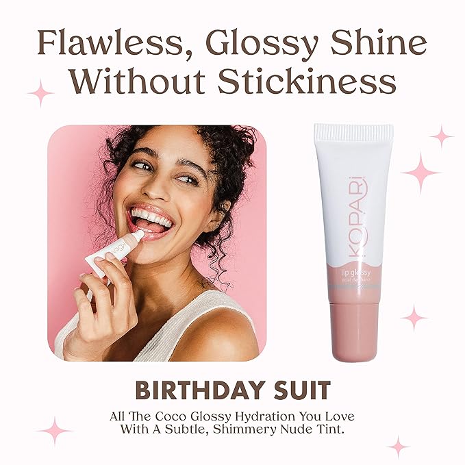 Kopari Coconut Lip Glossy | Nude Tint Birthday Suit | Vegan Hydrating Moisturizing Lip Oil Vitamin E Shea Butter Long Wear High Shine Non Sticky | Clean Plant Based Non Toxic Balm Paraben Free