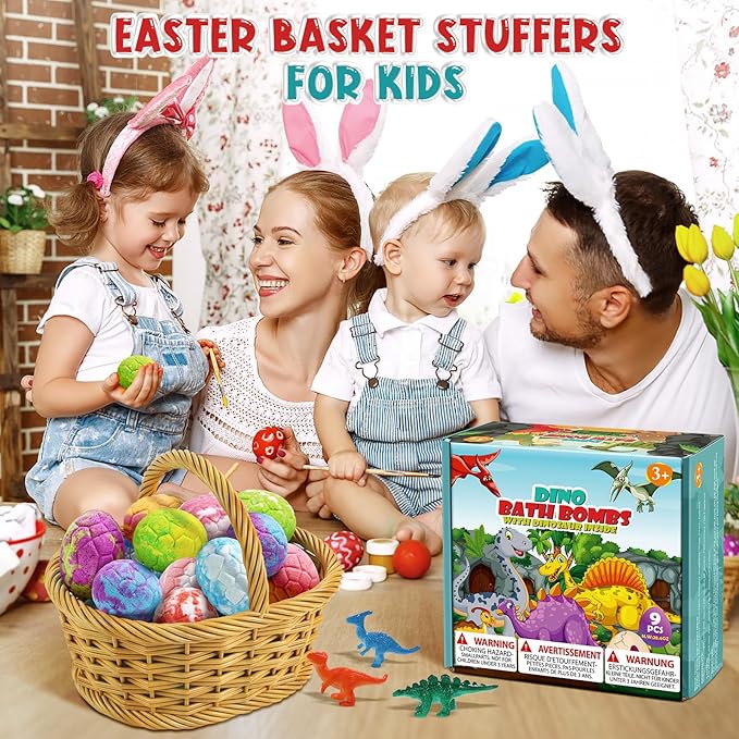 Bath Bombs for Kids with Dinosaur Toys Inside, Valentines Day Gifts for Kids, Easter Basket Stuffers, 9 Pack Natural Organic Dinosaur Bath Bombs Bubble Bath Gift Set, Birthday Gifts for Kid