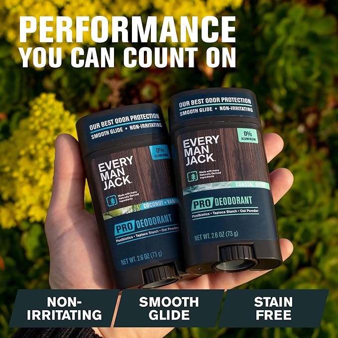 Every Man Jack Men's Pro Deodorant - 48-Hour Odor Defense Blend - Aluminum Free - Contains Postbiotics, Tapioca Starch & Oat Powder - Coastal Surf & Coconut + Vanilla Bundle - 2.6 oz (2 Pack)