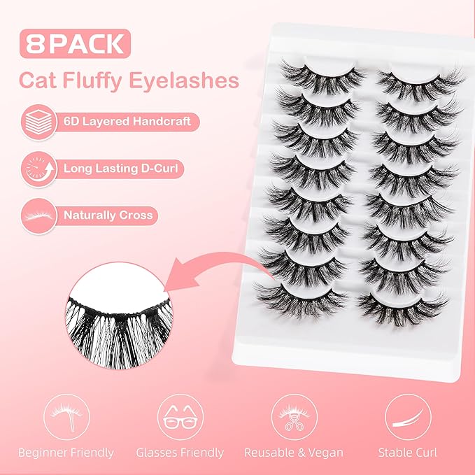 Manga Lashes Natural Eyelashes, Spiky False Eyelashes Invisible Band, 6D Cat Eye Lashes Wispy for Cosplay Anime Lashes 8 Pairs
