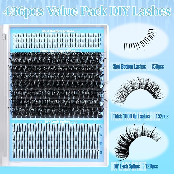 calphdiar Lash Clusters DIY Lash Spikes Eyelash Clusters 436pcs 100D Fluffier Lashes Clusters Spiky Individual Lashes with Bottom Lashes 5-21mm False Eyelashes D-Curly Manga Cluster Eyelash Extensions