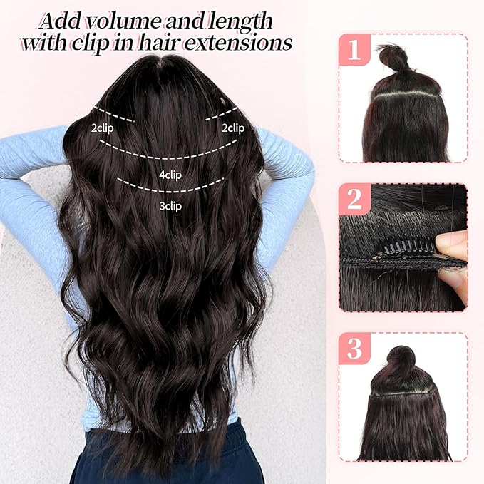 KooKaStyle Clip in Synthetic Hair Extensions Long Wavy 4PCS Thick Hairpieces Black to Green Ombre Fiber Double Weft Natural Hair Extensions 20 Inch for Women