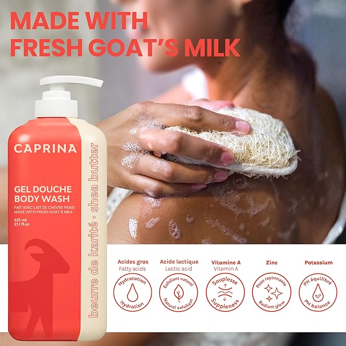 Caprina Fresh Goat’s Milk Body Wash, SHEA BUTTER Formula, 625 ml, Moisturizing Cleanser for Normal Skin, Gentle Daily Hydration