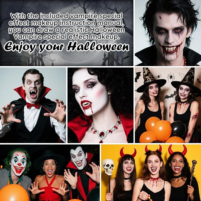 Halloween Vampire SFX Makeup Kit, Complete Makeup Set Include White Liquid Foundation, Vampire Teeth Fangs, Fake Blood, Setting Powder, Eyeshadow & Black Lipstick for Cosplay, Carnival