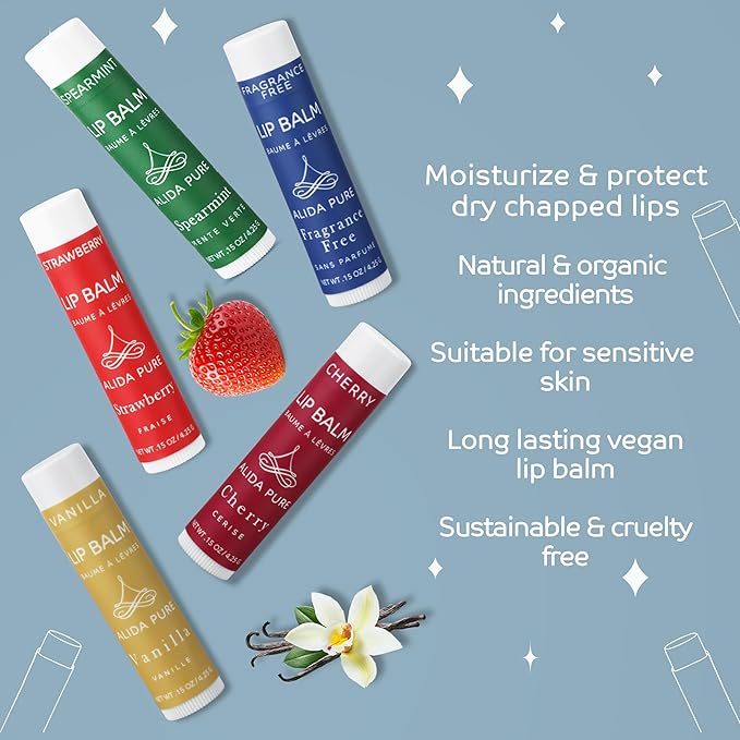 ALIDA PURE Melody Lip Balm Collection, Vegan Set, Beeswax Free, with Organic Jojoba and Avocado Oil, Vitamin E, Natural Moisturizer for Dry, Chapped Lips, 5 Tube Set