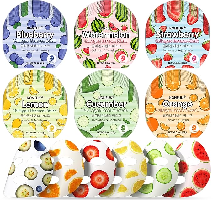 KONEUK 60 Pack Colorful Fruit Face Masks Skincare Set, Bulk Sheet Facial Mask for All Skin Types, Collagen Hydrating Face Mask for Women, Spa Party Gifts and Valentines Day Gifts (6 Types x 10 Pcs)