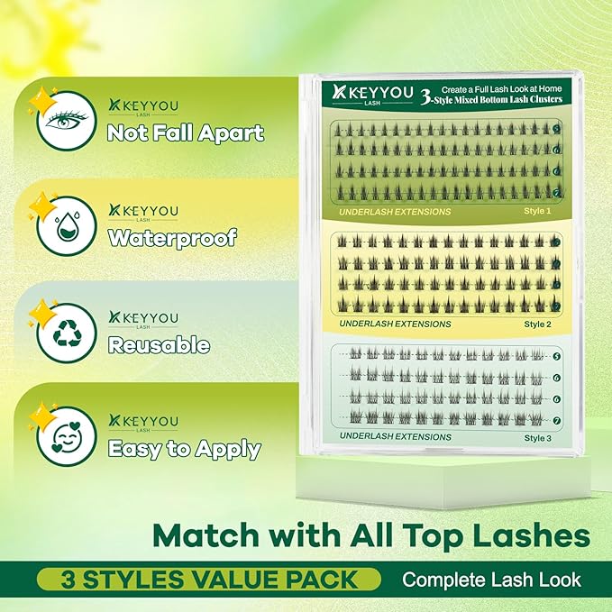 KEYYOU Bottom Lash Clusters DIY Eyelash Extensions 3 Styles Lower Lashes Wispy Bottom Individual Lashes 5-7mm Natural Thin Band Eyelash Clusters (Full)