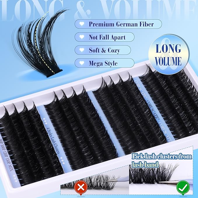 CORUSCATE Lash Clusters Long 14-20mm Eyelash Clusters 80D+100D+120D+150D Volume Cluster Eyelash Extensions Thick 284pcs Individual Lashes Strip Mink Eyelashes DIY Wispy Lash Extension
