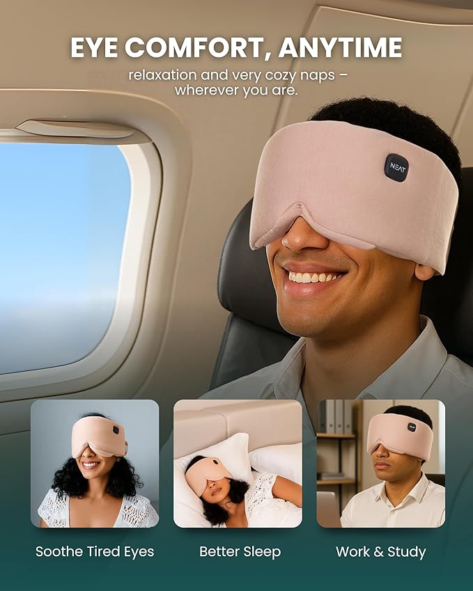 Neat Sunday Heated Eye Mask - Cordless Eye Mask for Dry & Tired Eyes - 4 Adjustable Temperature Settings - Rechargeable and Light Blocking, Washable Cover for Cleaning (Black Night)