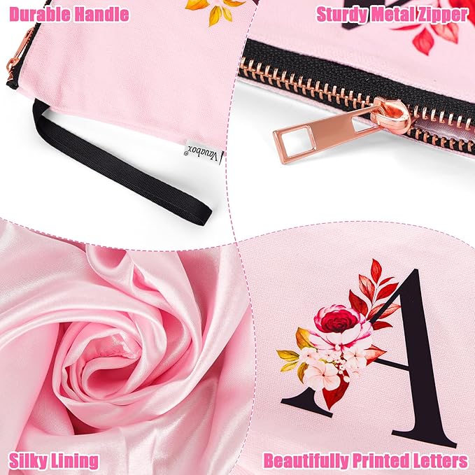 Vavabox A-Z Personalized Makeup Bag, Birthday Gifts for Women Mom, Gifts for Best Friend, Bride Bridesmaid Cosmetic bag (T, Pink)