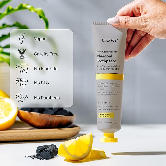 Boka Fluoride Free Toothpaste, Nano Hydroxyapatite Toothpaste, Appropriate for Sensitive Teeth - for Adult, Kids Oral Care - Charcoal Yuzu Mint Flavor, 4 Fl Oz 1Pk US Manufactured (Pack of 2)