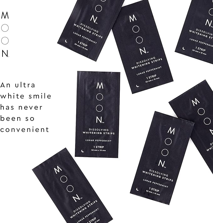 MOON Dissolving Teeth Whitening Strips, 56 No Rinse White Strips, Peppermint, Hydrogen Peroxide & Essential Oils, Whiten Sensitive Teeth up to 7 Shades in 2 Weeks, Travel Essentials, Vegan Oral Care