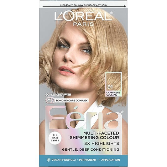 L'Oreal Paris Feria Multi-Faceted Shimmering Permanent Hair Color, 91Champagne Cocktail (Light Beige Blonde), Pack of 1 Hair Dye Kit