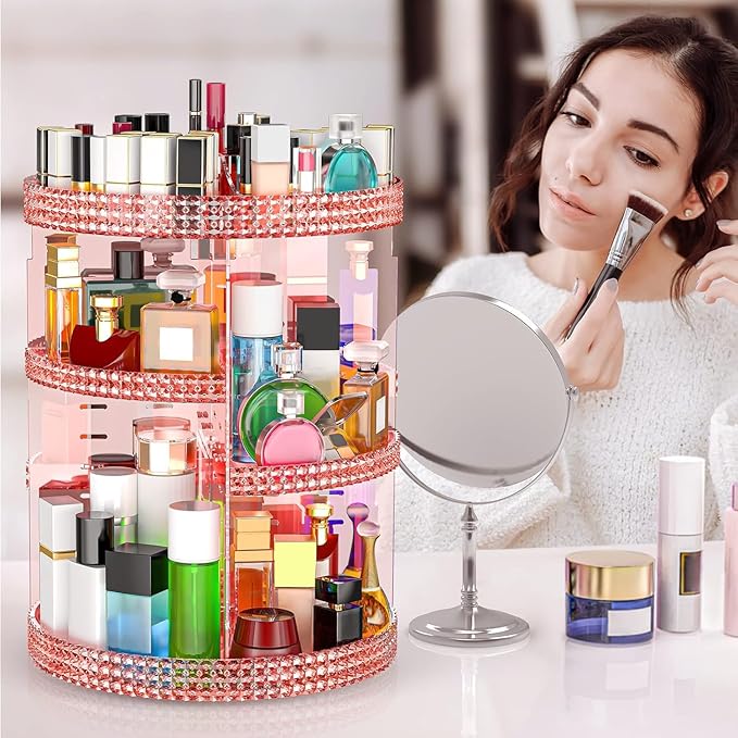 Pink 360 Makeup Organizer Carousel, Organizador De Perfumes, Acrylic Make Up Organizer, Large 7 Layers 360 Makeup Organizer, Fits Makeup Brushes, Lipsticks, Bathroom, Vanity, Plus Size Pink
