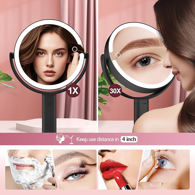 Makeup Mirror with Lights, 30X Magnifying & Height Adjustable, Lighted Magnifying Mirror with 3 Light Modes and Stepless Dimming, Vanity Mirrors for Bathroom, Birthday Gift for Women, Black