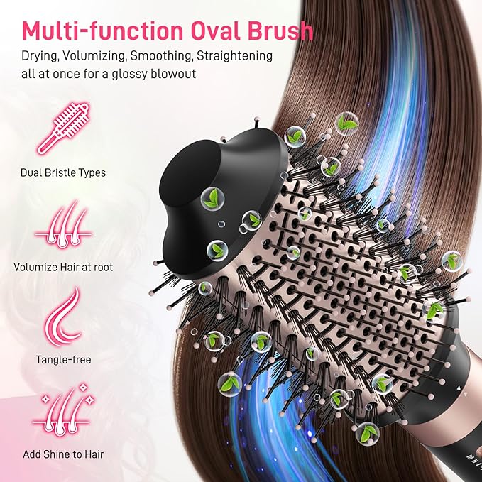 MESCOMB Dual Voltage Hot Air Styler Wrap - 5 in 1 Hair Dryer Brush with Fast Drying Blow Dryer, Styling, Straightening & Volumizing with Travel Bag (100V–240V) -Black + Pink