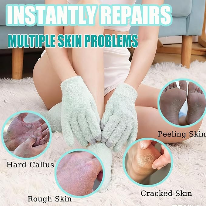 Touchscreen Moisturizing Gloves and Socks, Gel Spa Moisturizing Therapy Sock ＆ Glove, Overnight Gloves for Dry Hands, Repair and Soften Aging, Hand and Feet Care for Chapped and Dry Skin (Green)