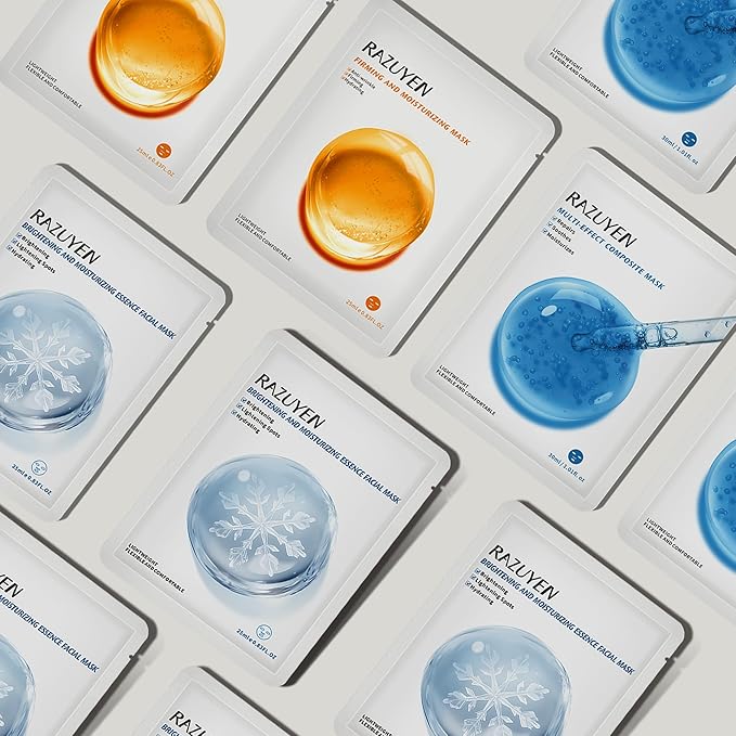 RAZUYEN Face Sheet Masks, 9 Variety Packs, Peptide, Vitamin C & Panthenol B5, Antiaging, Brightening, Soothing Facial Skincare Gift Set for All Skin, Moisturizing Mask Set