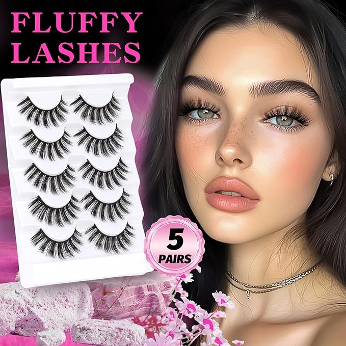 Veleasha Lashes 5D Faux Mink Lashes 100% Handmade Wispy Lashes Charming Luxurious Fake Eyelashes Lightweight Fluffy False Eyelashes 5 Pairs Pack (5D04)