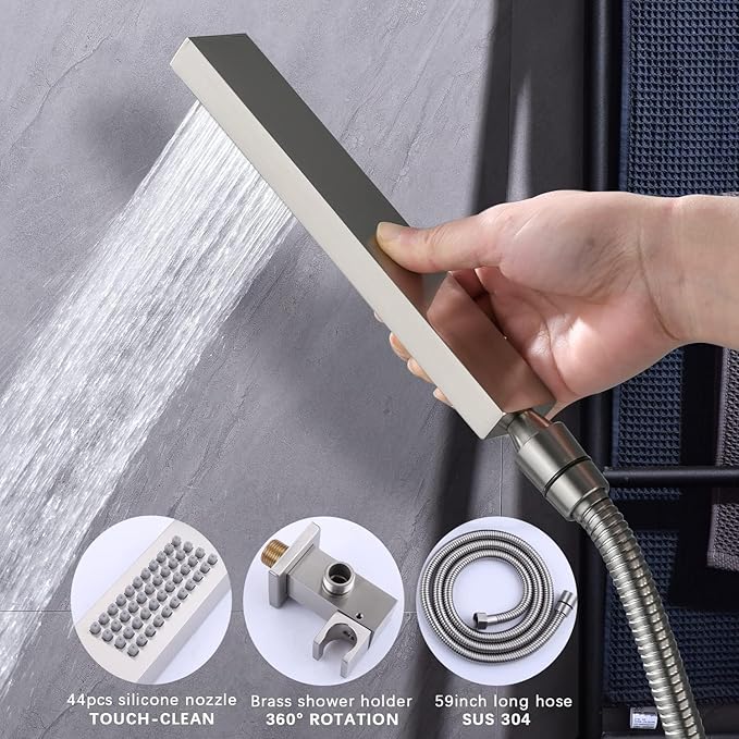 KATAIS Brushed Nickel Shower System with Digital Temperature Display, 16x24 inch Ceiling Shower(Rain&Waterfall Modes), with 6 PCS Body Jet and Handheld Spray