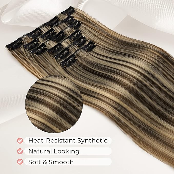 LONAI Clip in hair extensions 6PCS Straight 24" Hair Extensions for Women，Heat Resistant Synthetic Hairpiece -Deep Brown with Dirty Blonde