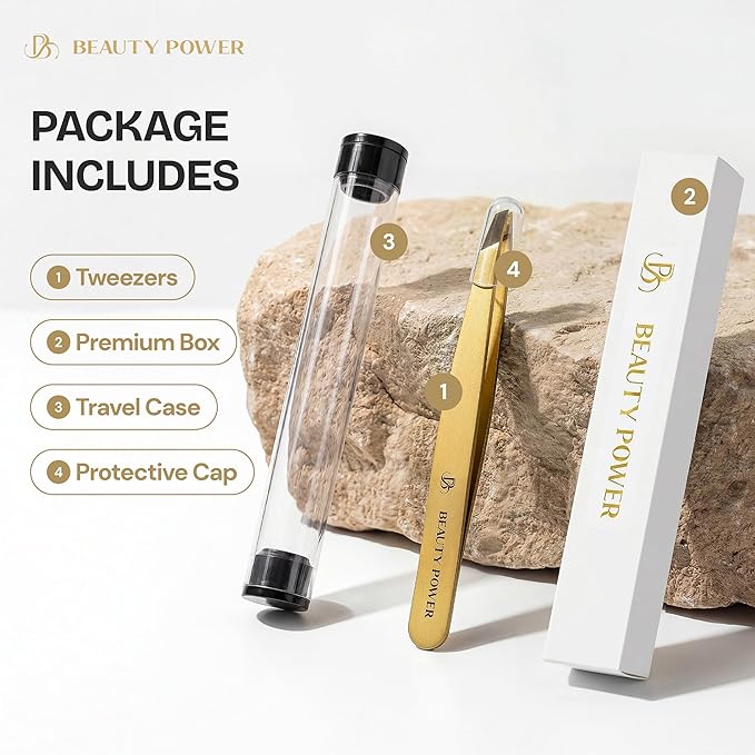 Ultra-Precision Professional Slant Tweezers for Women Facial Hair - German Stainless Steel, Lightweight Black Tweezers for Women & Men, Ideal for Eyebrow & Facial Grooming (Matte Gold)