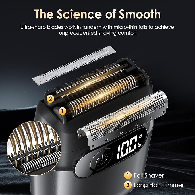 Electric Razor for Men, Foil Shaver and Beard Trimmer for Dry and Wet,Battery LED Display USB-C Fast Charge, IPX7 Waterproof Portable Travel Shaver (Charcoal Black)