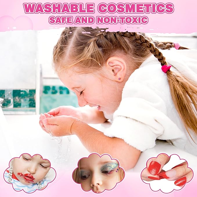 99 Pcs Kids Makeup Kit for Girls, Princess Toys Real Washable Cosmetics Set with Mirror,Rings, Necklace, Perfect for 3 4 5 6 7 8 Year Old Girls Birthday
