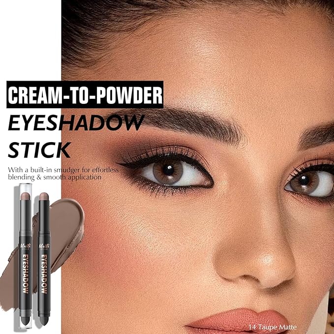 Dual-Ended Taupe Eyeshadow Stick - Long-Lasting Cream Eye Shadow Stick Crease-Proof Matte Eyeshadow Pencil, Easily Blendable Multi-Use Eyeliner Eye Brightener Makeup with Built-in Smudger, 14