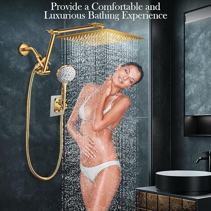 12'' Gold Rain Shower Head, High Pressure Rainfall Shower Head with 16 inch Adjustable Extension Arm，Flexible Adjust Height and Angle, 5 Setting Spray Handheld Shower Head, Anti-leak