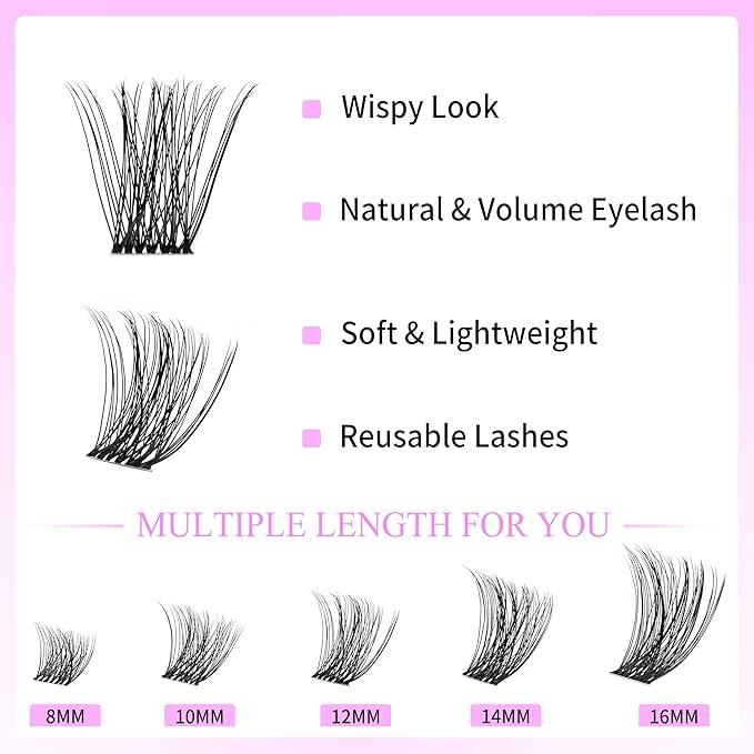 VEYESBEAUTY Lash Clusters Individual Eyelash Extensions Thin & Invisible Band DIY False Eyelashes for Self-application Newbie's Five-Second Series Wispy Lash Tray, Bomb 8-16mm Mixed Length