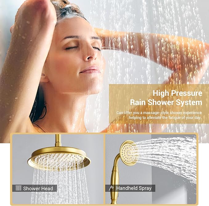 DASAN Brushed Gold Rain Shower System Complete Antique Shower Faucet Sets, Brushed Gold Shower Fixtures Combo with Pressure Balance Valve, Trim Kit, 9’’ Rainfall Overhead Shower & Handheld, AT209C-BTG