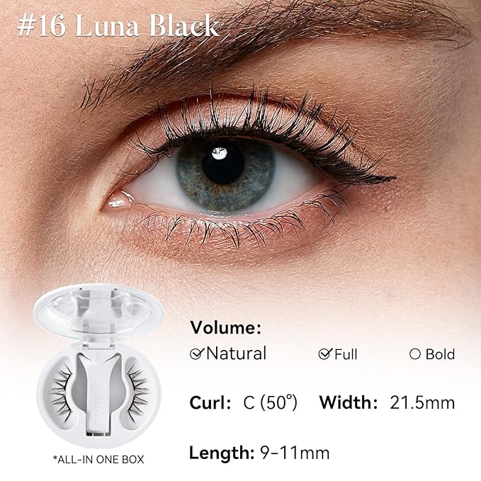 WOSADO Soft Magnetic Eyelashes [No.16 Luna Black] 21.5mm with Applicator Kit, Reusable Glue-free Wispy Magnetic Lashes, Cruelty-free False Lashes, Waterproof, Lightweight, Suit for Heavy Makeup