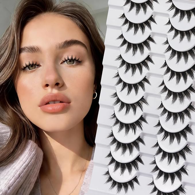 Veleasha Eyelashes Manga Lashes Spiky False Lashes 11mm Short Flase Lashes C Curl Fake Lashes Anime Fake Eyelashes Soft Lightweight False Eyelashes Cosplay Lash Strips 10 Pairs Pack (Dewy)