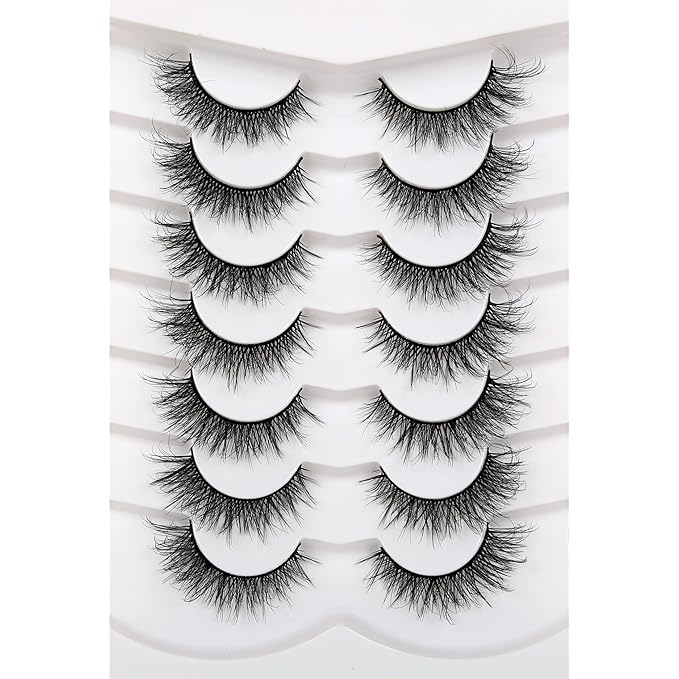 Pooplunch False Eyelashes Wispy Lashes Cat Eye Volume 8D Natural Fluttery Fake Eyelashes Faux Mink Lashes Strips 7 Pairs Pack