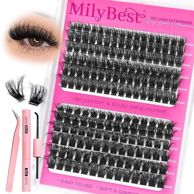 MilyBest Lash Clusters Kit 100D 150D Fluff Cluster Eyelash Extensions 10-18mm Individual Lashes Clusters D Curl Lash Extension Kit, Waterproof Thick Volume Eyelash Clusters with Bond & Seal, Tweezers