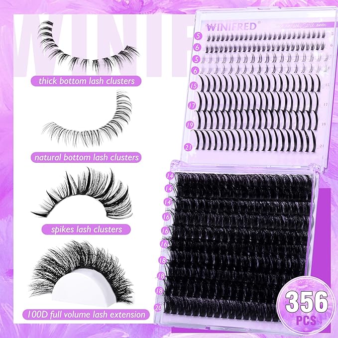 Winifred Lash Clusters with Bottom Lashes 14-20MM Eyelash Clusters with Spikes Thick Volume Cluster Eyelash Extensions 100D Full Individual Lashes D Curly Lash Extension (356pcs)