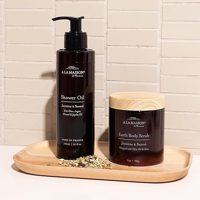 A La Maison Amber Jasmine & Santal Starter Kit - Shower Oil + Body Scrub – Gently Exfoliates & Softens Skin – French Formula, Plant-Based