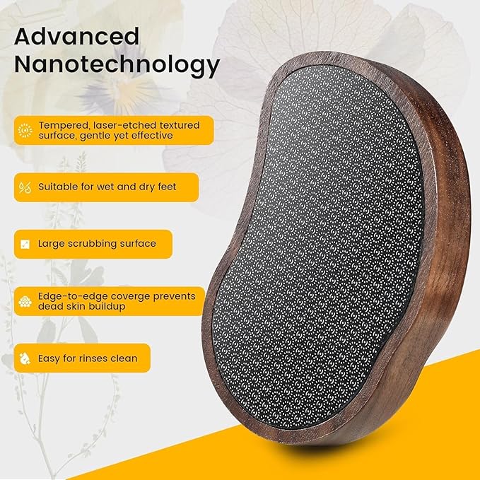 BEZOX Glass Pumice Stone - Nano-Glass Pedi Egg Foot Scrubber for Dead Skin, Eco-Friendly Pedicure Heel File Callus Remover for Silky Smooth Feet - Walnut Wood Handled